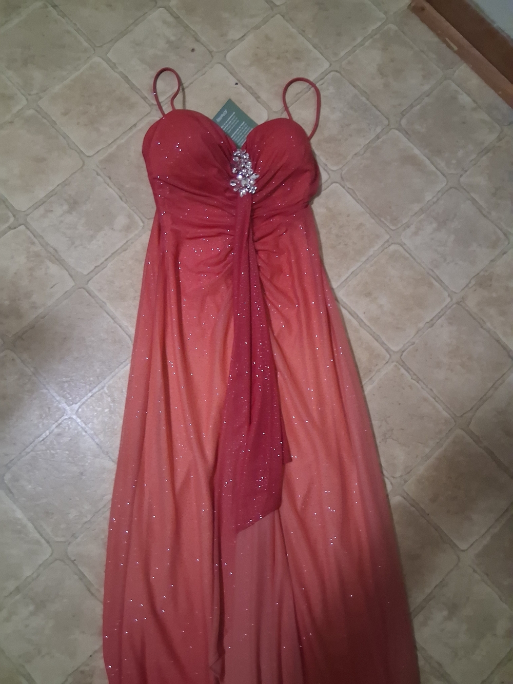 Red to Orange Ombre Prom Dress with Rhinestone Detail